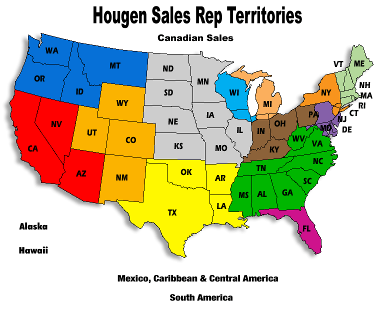 Hougen Sales Rep Territory Map of the United States, Canada and Latin America